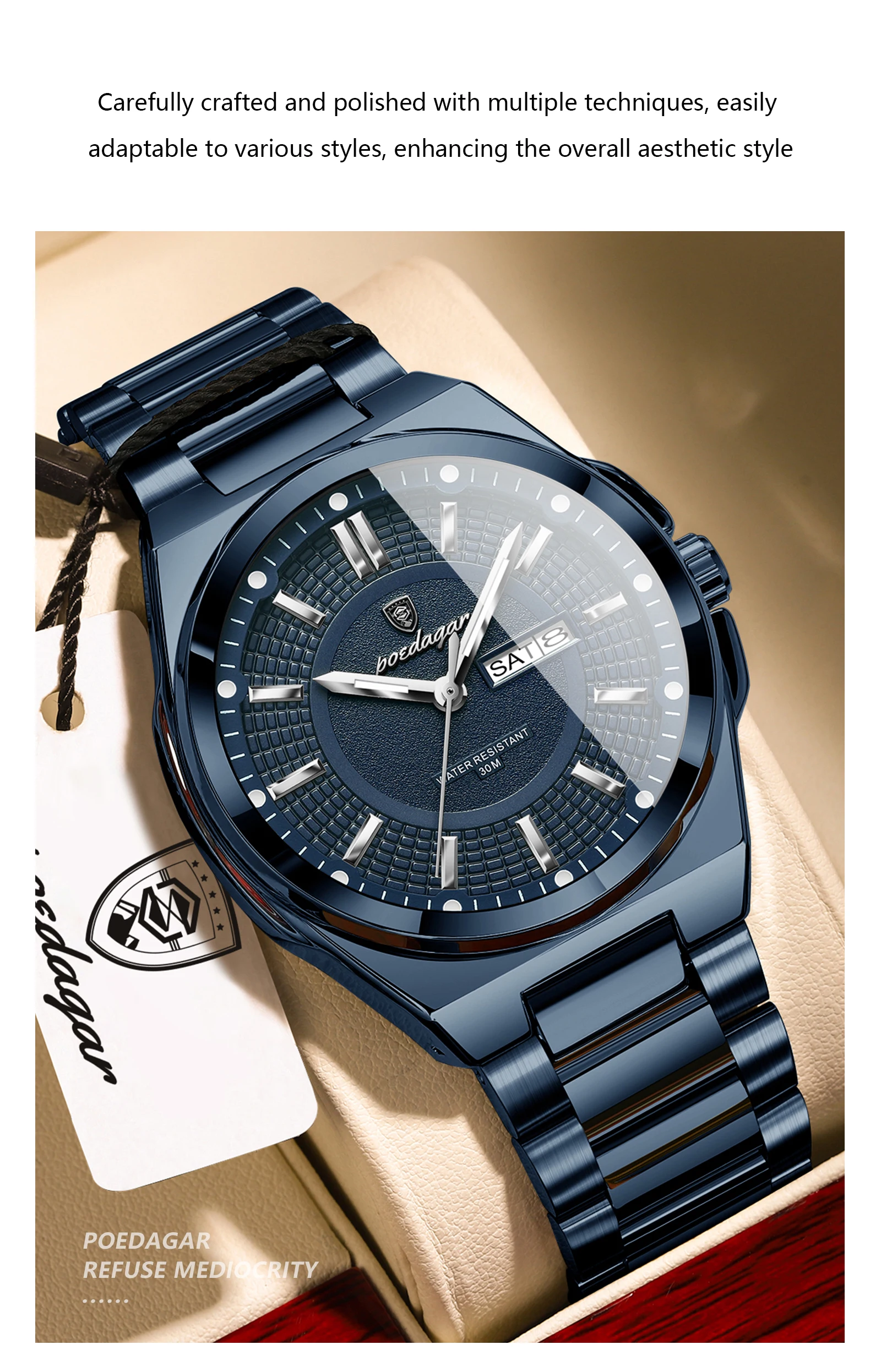 POEDAGAR Original Business Quartz Men Wristwatch High Quality Stainless Steel Waterproof Luminous Stylish Man Watch Date Week Fashion Casual Men's Watches
