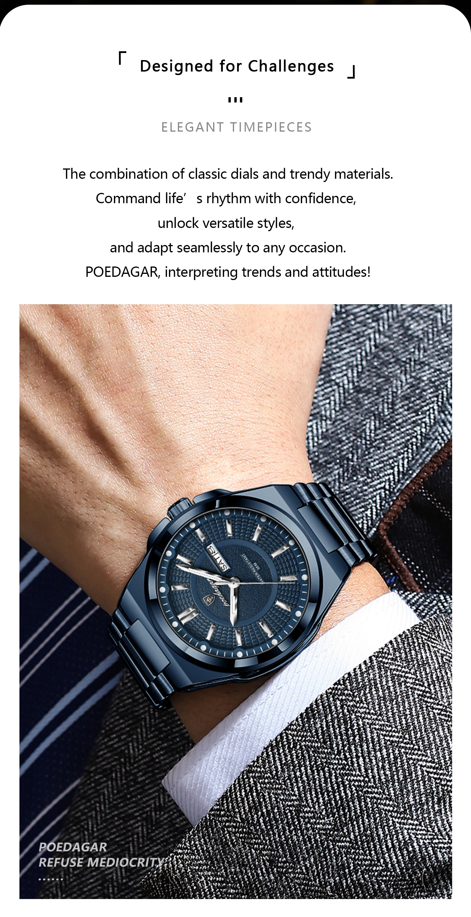 POEDAGAR Original Business Quartz Men Wristwatch High Quality Stainless Steel Waterproof Luminous Stylish Man Watch Date Week Fashion Casual Men's Watches