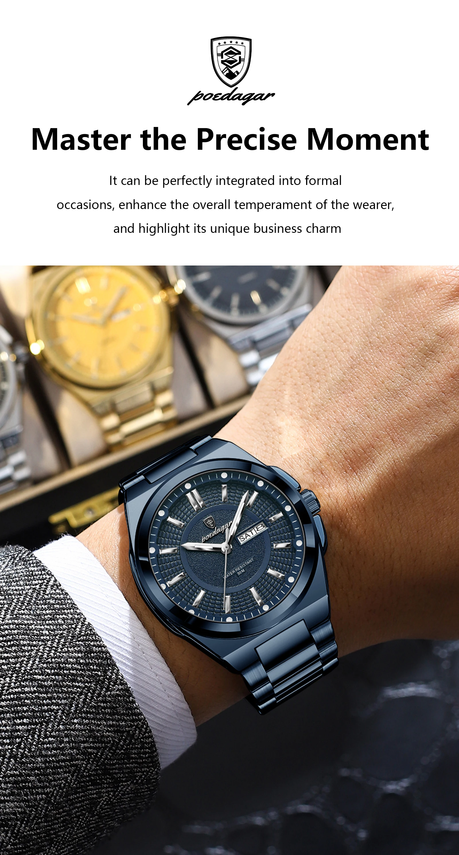 POEDAGAR Original Business Quartz Men Wristwatch High Quality Stainless Steel Waterproof Luminous Stylish Man Watch Date Week Fashion Casual Men's Watches