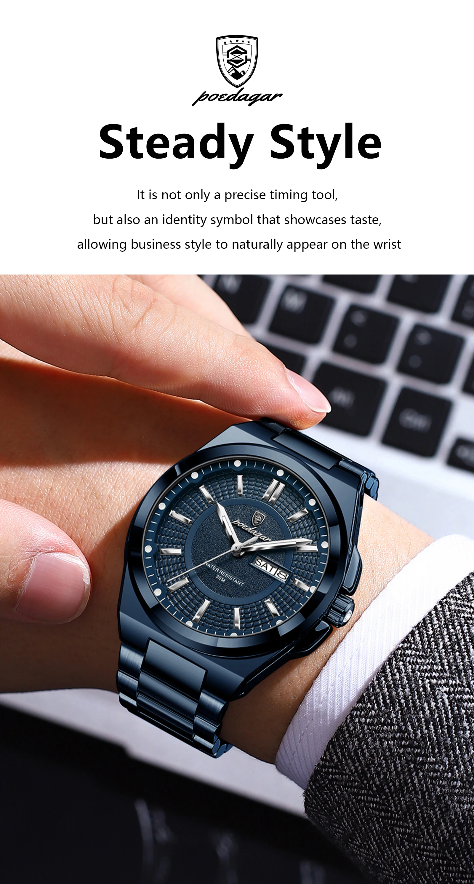 POEDAGAR Original Business Quartz Men Wristwatch High Quality Stainless Steel Waterproof Luminous Stylish Man Watch Date Week Fashion Casual Men's Watches