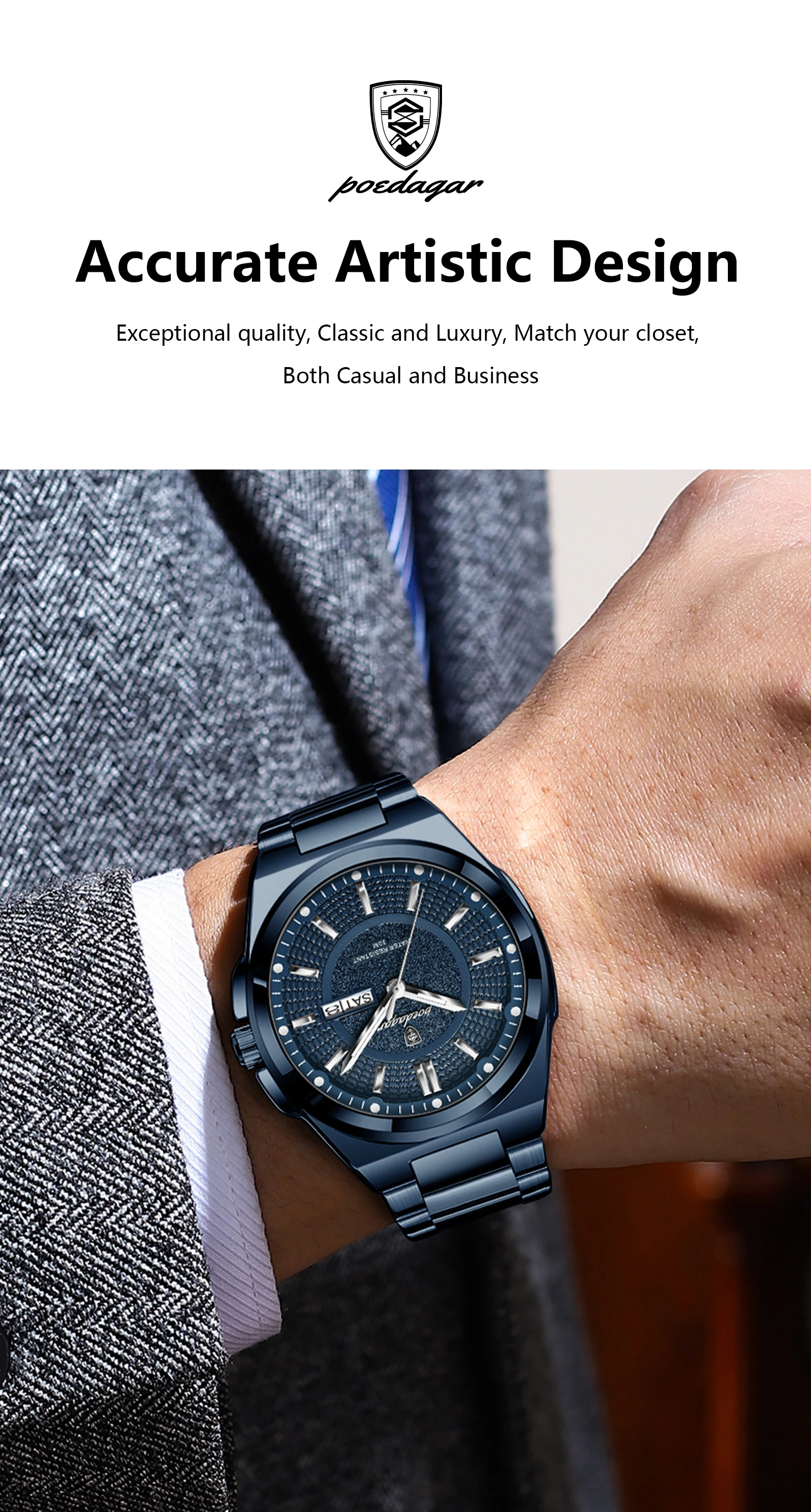 POEDAGAR Original Business Quartz Men Wristwatch High Quality Stainless Steel Waterproof Luminous Stylish Man Watch Date Week Fashion Casual Men's Watches