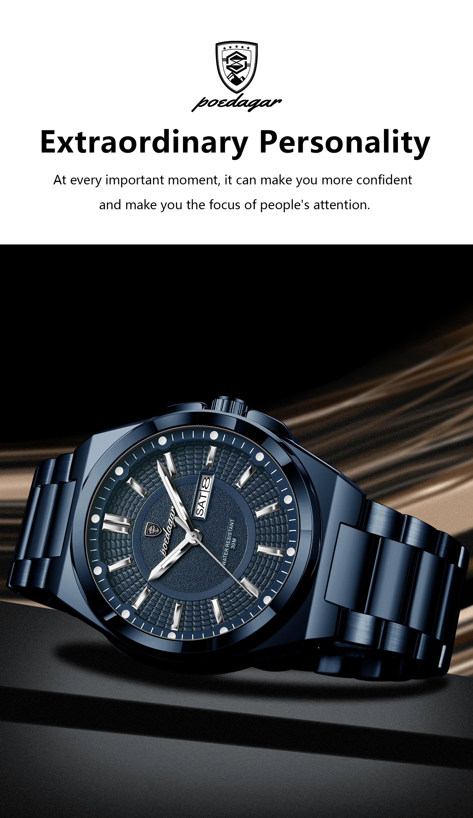 POEDAGAR Original Business Quartz Men Wristwatch High Quality Stainless Steel Waterproof Luminous Stylish Man Watch Date Week Fashion Casual Men's Watches
