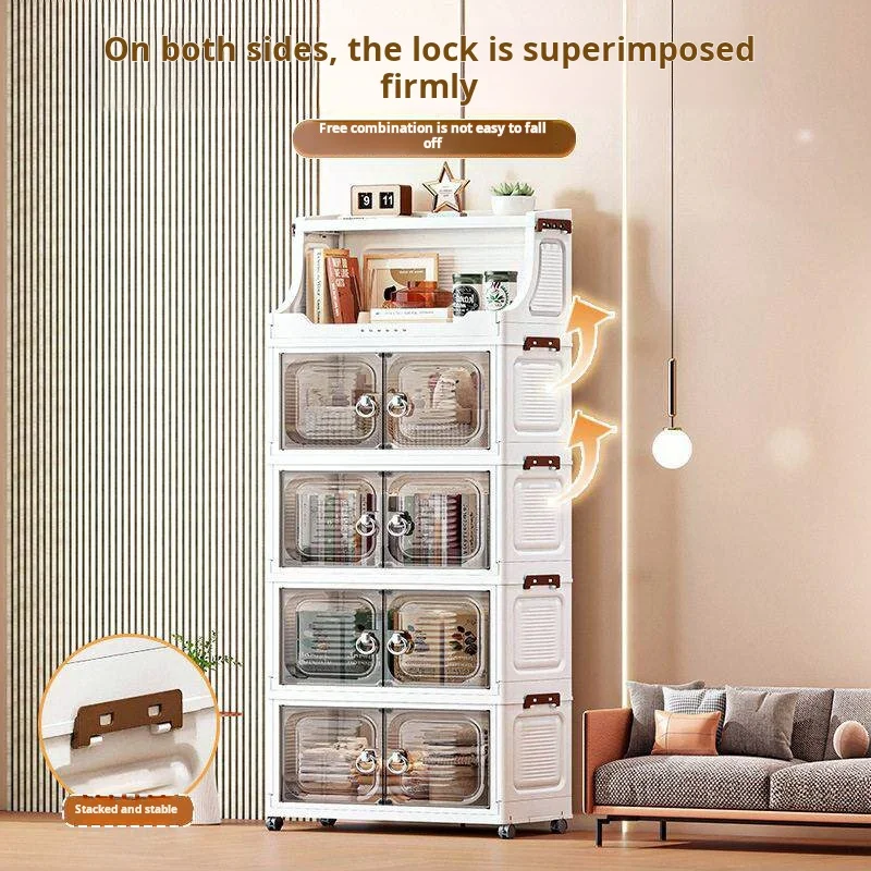 18.5in Wide Foldable Stackable Storage Cabinet With Wheels And Top Hooks, Clear Door Plastic Storage Organizer, Large Capacity Freestanding Cabinet, White, 1/2/3/4/5 Drawers Plus 1 Shelf, Suitable For Living Room, Bedroom, Kitchen, Bathroom