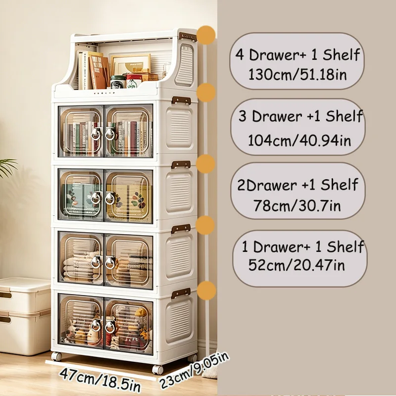 18.5in Wide Foldable Stackable Storage Cabinet With Wheels And Top Hooks, Clear Door Plastic Storage Organizer, Large Capacity Freestanding Cabinet, White, 1/2/3/4/5 Drawers Plus 1 Shelf, Suitable For Living Room, Bedroom, Kitchen, Bathroom