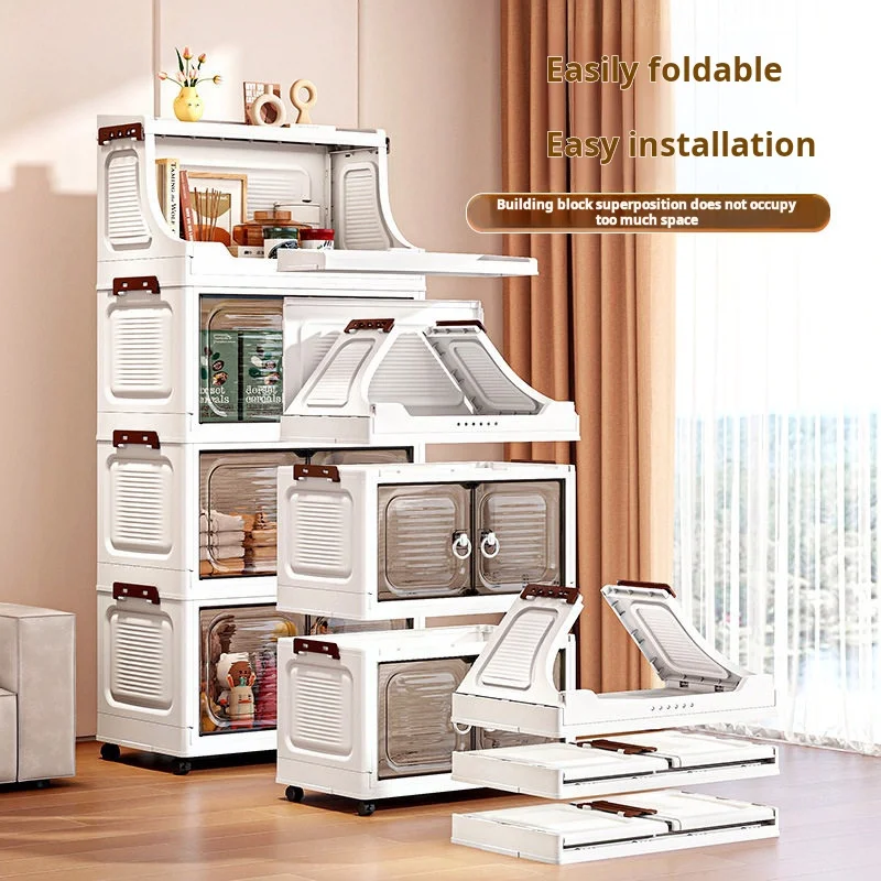 18.5in Wide Foldable Stackable Storage Cabinet With Wheels And Top Hooks, Clear Door Plastic Storage Organizer, Large Capacity Freestanding Cabinet, White, 1/2/3/4/5 Drawers Plus 1 Shelf, Suitable For Living Room, Bedroom, Kitchen, Bathroom
