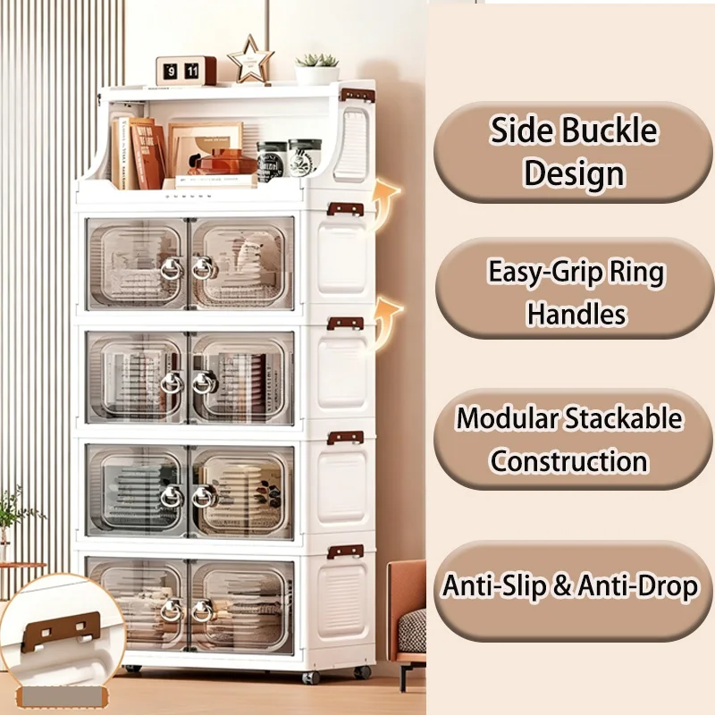 18.5in Wide Foldable Stackable Storage Cabinet With Wheels And Top Hooks, Clear Door Plastic Storage Organizer, Large Capacity Freestanding Cabinet, White, 1/2/3/4/5 Drawers Plus 1 Shelf, Suitable For Living Room, Bedroom, Kitchen, Bathroom