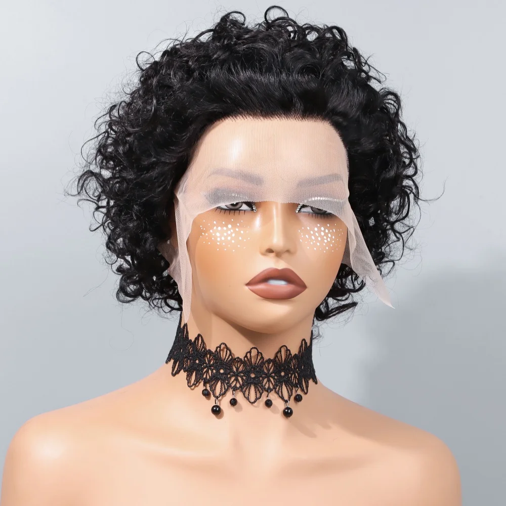 13x1 Short Curly Wig Human Hair Wigs 8 inch Short Bob Pixie Cut Brazilian Human Hair Wig Black Afro Kinky Lace Front Wigs for Women