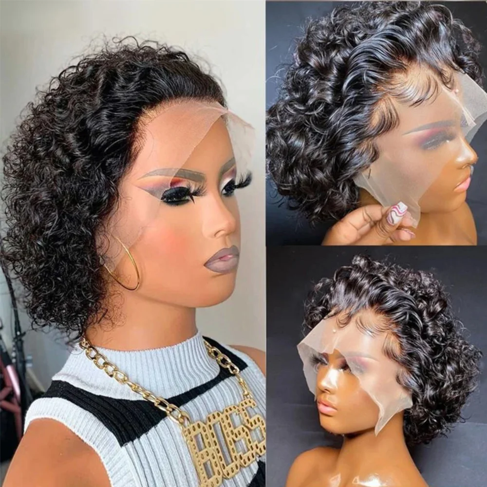 13x1 Short Curly Wig Human Hair Wigs 8 inch Short Bob Pixie Cut Brazilian Human Hair Wig Black Afro Kinky Lace Front Wigs for Women