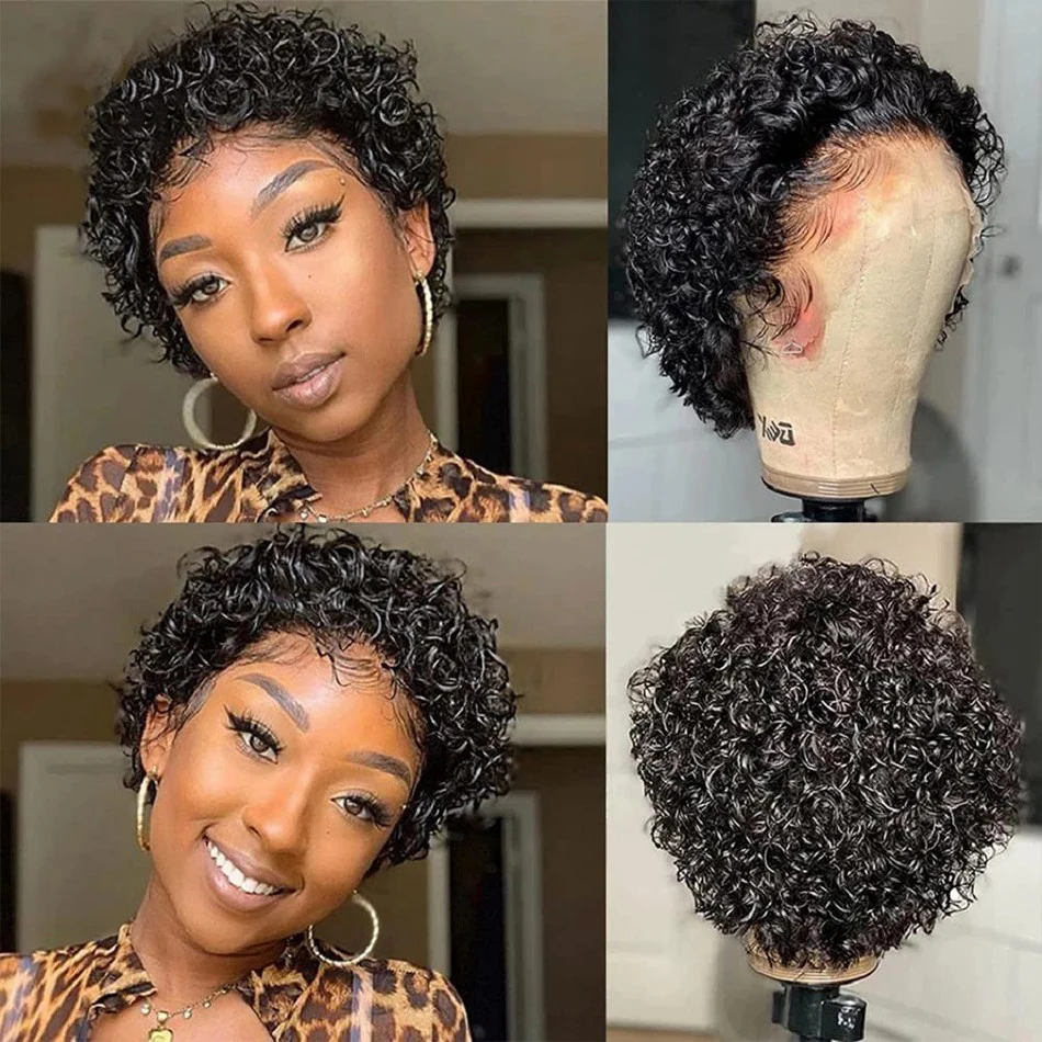 13x1 Short Curly Wig Human Hair Wigs 8 inch Short Bob Pixie Cut Brazilian Human Hair Wig Black Afro Kinky Lace Front Wigs for Women