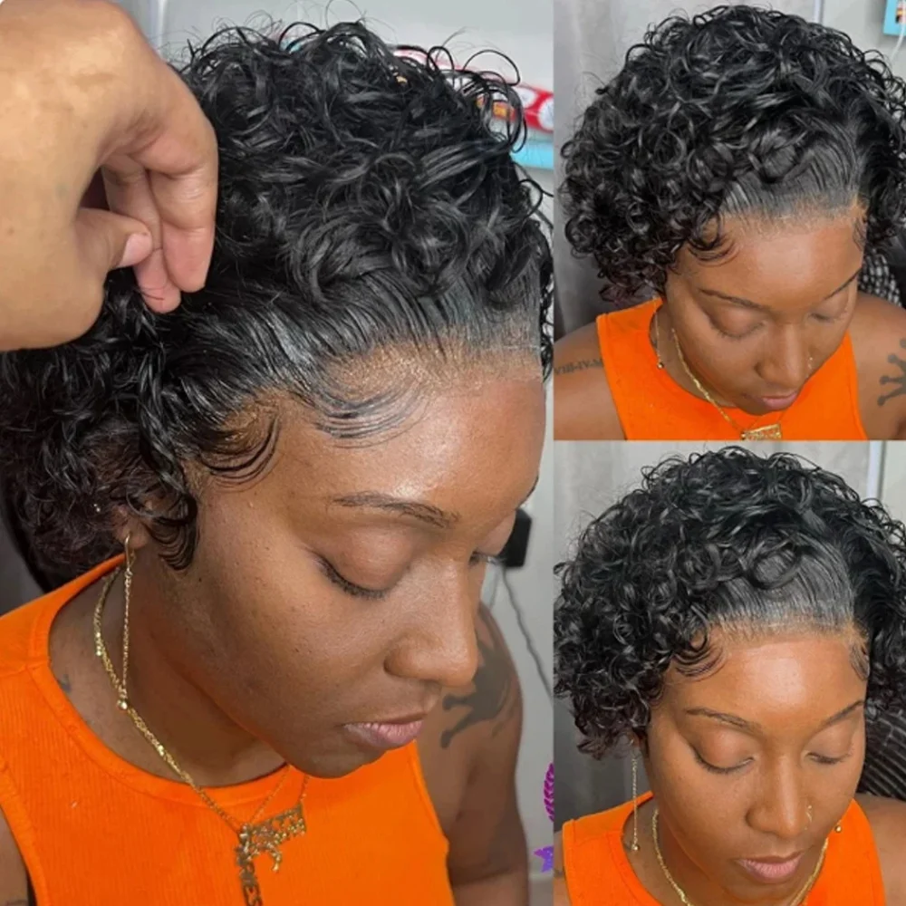 13x1 Short Curly Wig Human Hair Wigs 8 inch Short Bob Pixie Cut Brazilian Human Hair Wig Black Afro Kinky Lace Front Wigs for Women