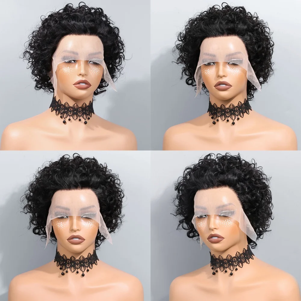 13x1 Short Curly Wig Human Hair Wigs 8 inch Short Bob Pixie Cut Brazilian Human Hair Wig Black Afro Kinky Lace Front Wigs for Women