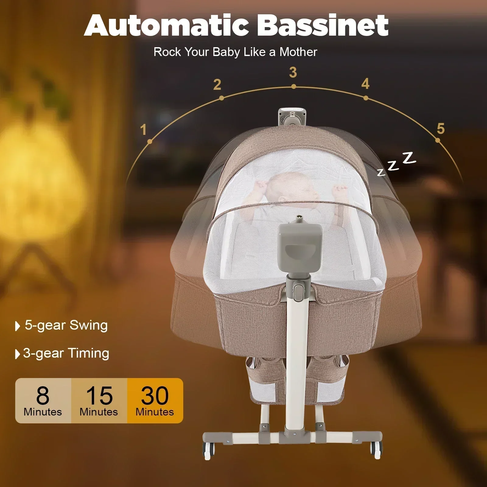 Smart Electric Baby Bassinet Bedside Sleeper with Music Play,Automatic Cradle with 3 Speed Timing and 5 Speed Wobbling,Portable Baby Bed Height Adjustable Crib,with Nets+Mattresses