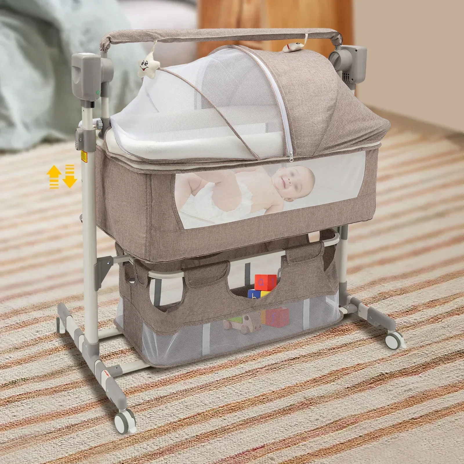 Smart Electric Baby Bassinet Bedside Sleeper with Music Play,Automatic Cradle with 3 Speed Timing and 5 Speed Wobbling,Portable Baby Bed Height Adjustable Crib,with Nets+Mattresses