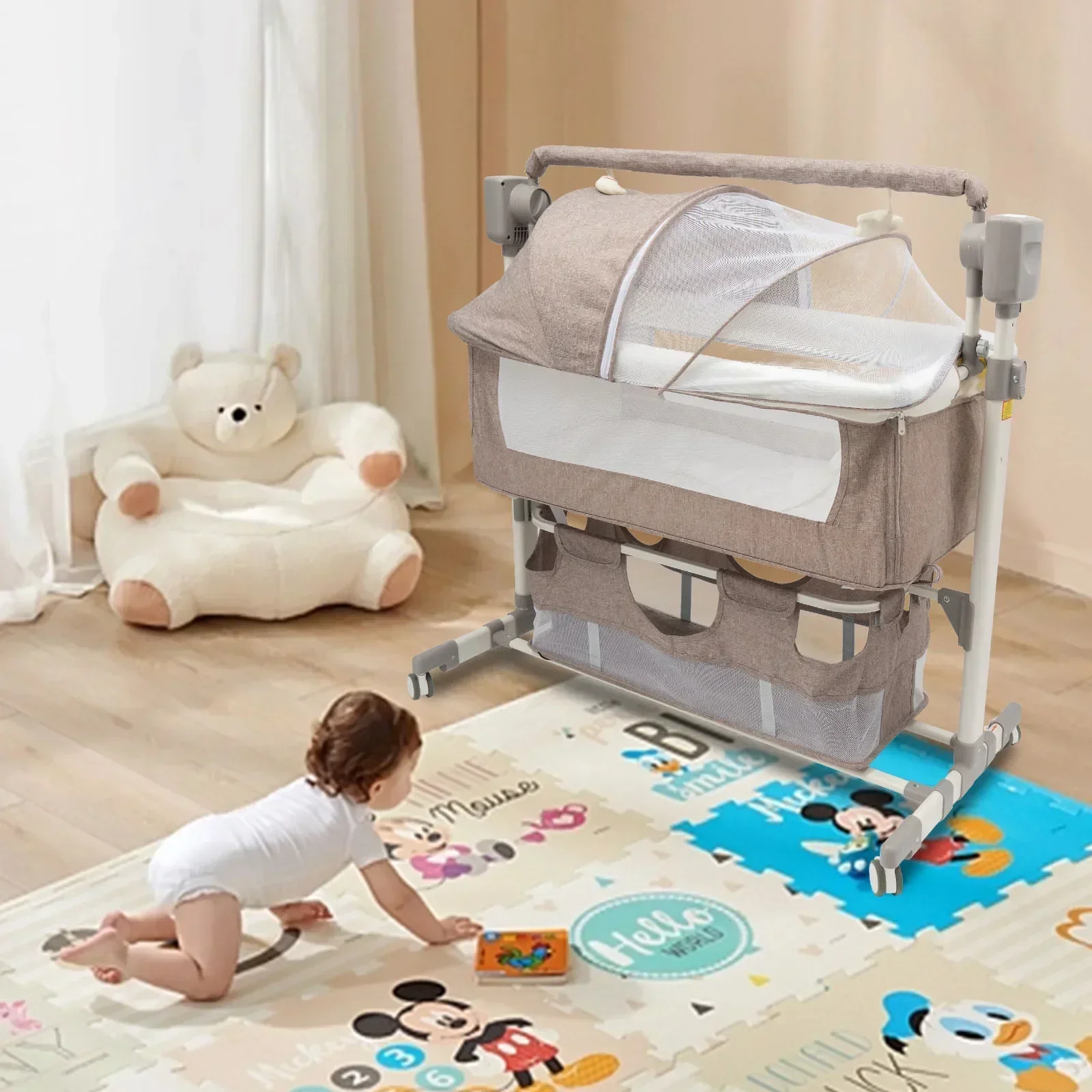 Smart Electric Baby Bassinet Bedside Sleeper with Music Play,Automatic Cradle with 3 Speed Timing and 5 Speed Wobbling,Portable Baby Bed Height Adjustable Crib,with Nets+Mattresses