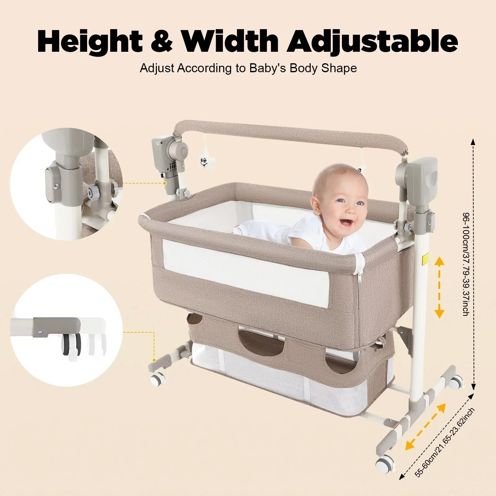 Smart Electric Baby Bassinet Bedside Sleeper with Music Play,Automatic Cradle with 3 Speed Timing and 5 Speed Wobbling,Portable Baby Bed Height Adjustable Crib,with Nets+Mattresses
