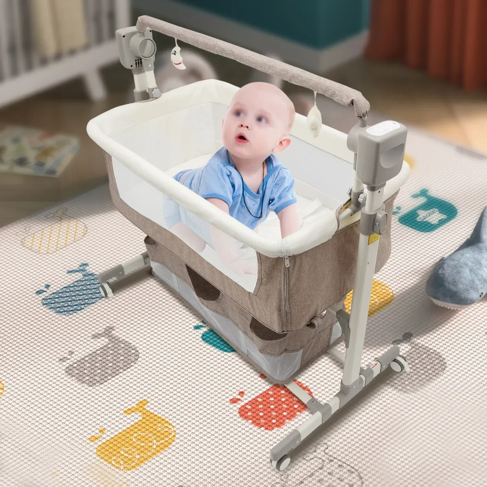 Smart Electric Baby Bassinet Bedside Sleeper with Music Play,Automatic Cradle with 3 Speed Timing and 5 Speed Wobbling,Portable Baby Bed Height Adjustable Crib,with Nets+Mattresses