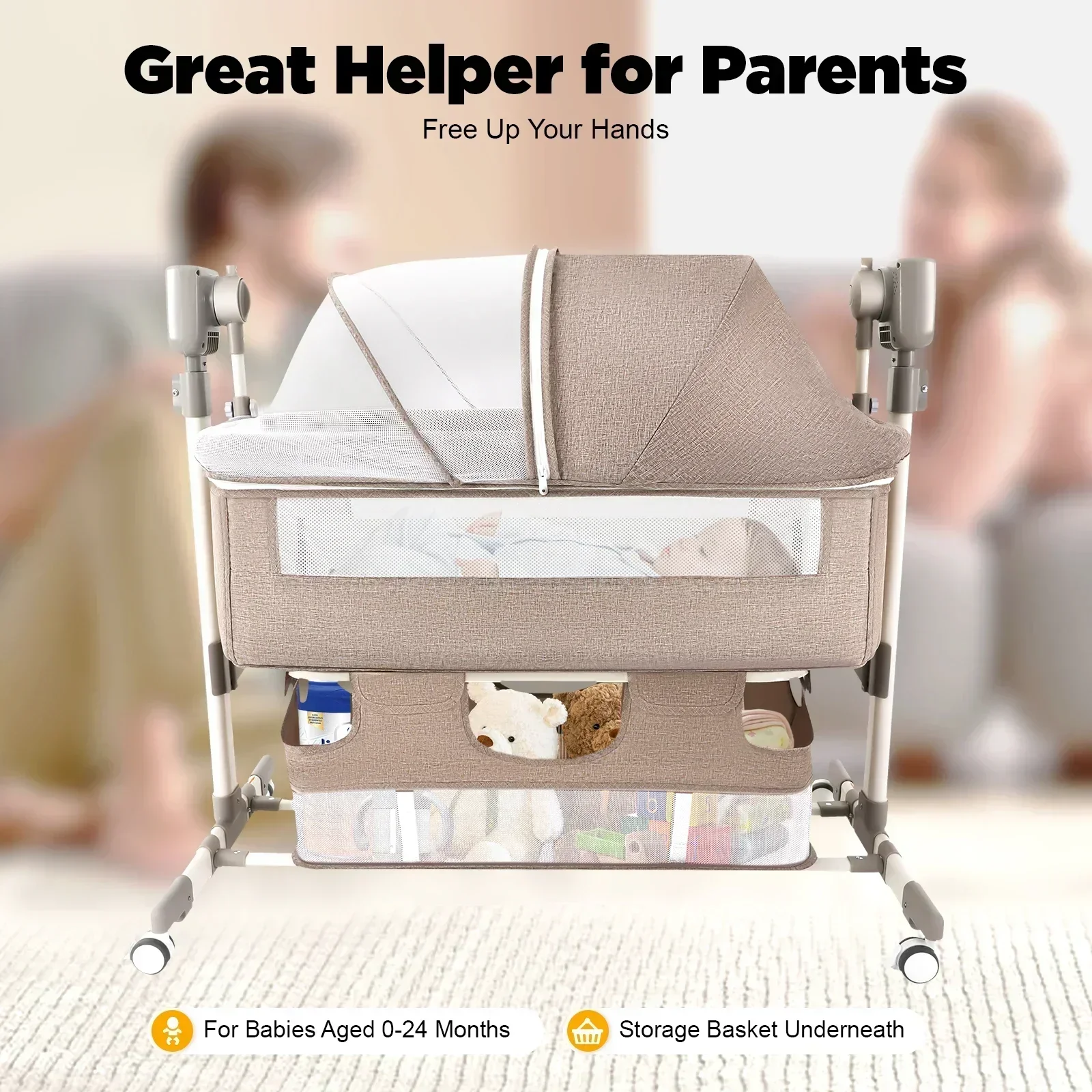 Smart Electric Baby Bassinet Bedside Sleeper with Music Play,Automatic Cradle with 3 Speed Timing and 5 Speed Wobbling,Portable Baby Bed Height Adjustable Crib,with Nets+Mattresses