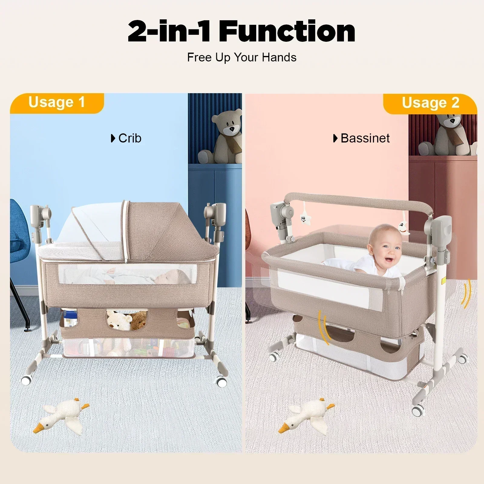 Smart Electric Baby Bassinet Bedside Sleeper with Music Play,Automatic Cradle with 3 Speed Timing and 5 Speed Wobbling,Portable Baby Bed Height Adjustable Crib,with Nets+Mattresses