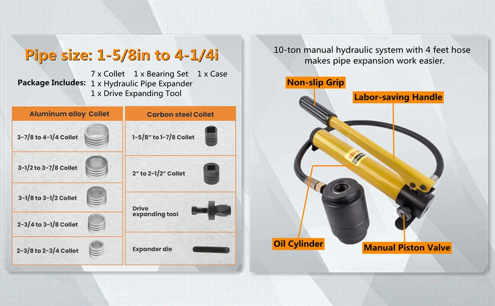 AP03 10 T Hydraulic Exhaust Pipe Stretcher Expander Kit w/Collets 1-5/8 in to 4-1/4in 17350 CWG6868