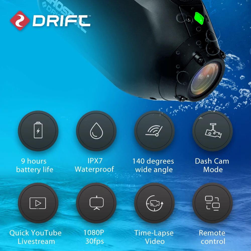 Drift Ghost XL Sport Action Camera 1080P WiFi 9 Hours Battery Life IPX7 Waterproof Wearable Live Stream Vlog Motorcycle Bicycle,Sport Action DV, APP Control,Perfect for motorcycles, mountain bikes, e-bikes, skateboards and all outdoor riding sports