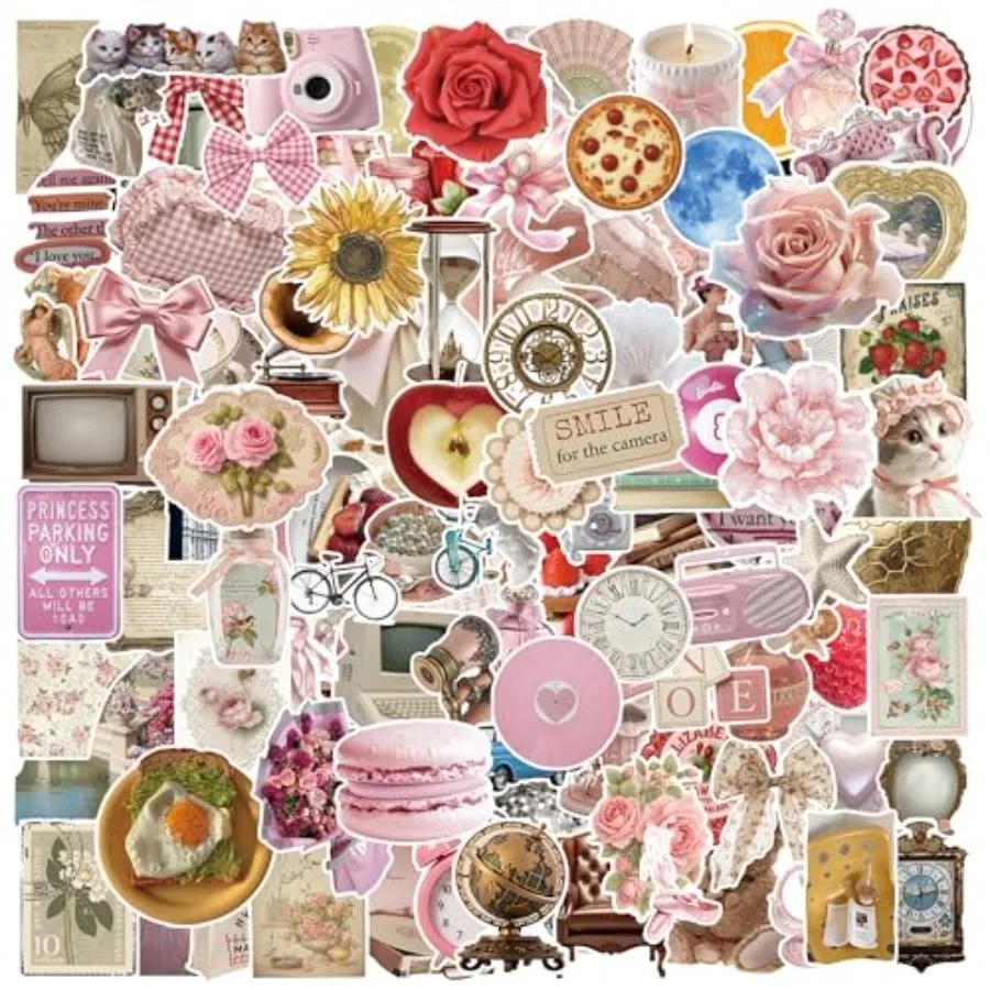 115PCS Pink Aesthetic Stickers - Vintage Coquette Style, Waterproof Vinyl Decals Cute Bow Tie Stickers Disco Ball, Decorative S