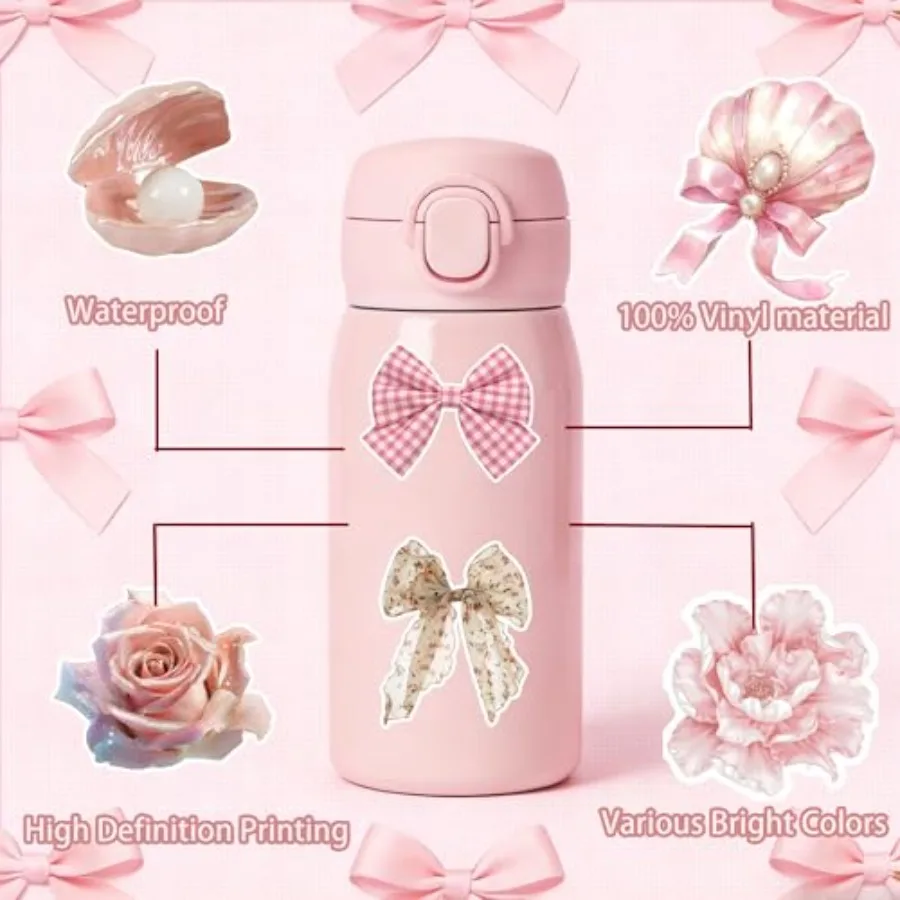 115PCS Pink Aesthetic Stickers - Vintage Coquette Style, Waterproof Vinyl Decals Cute Bow Tie Stickers Disco Ball, Decorative S