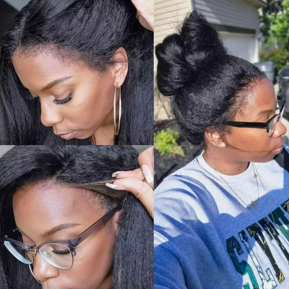 Kinky Straight Invisible Strap 360 Full Lace Wig Human Hair 220 Density Brazilian V Part Kinky Straight Wig No Leave Out No Sew In
