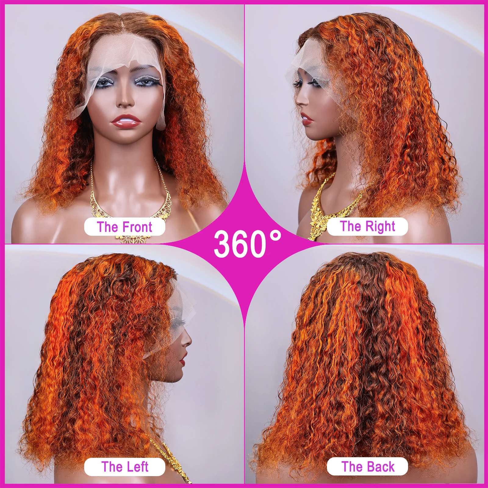 13x4 Lace Front Human Hair Wig Water Wave Short Bob Curly Wigs 4/350 Highlight Ombre Ginger Orange 200 Density for Black Women