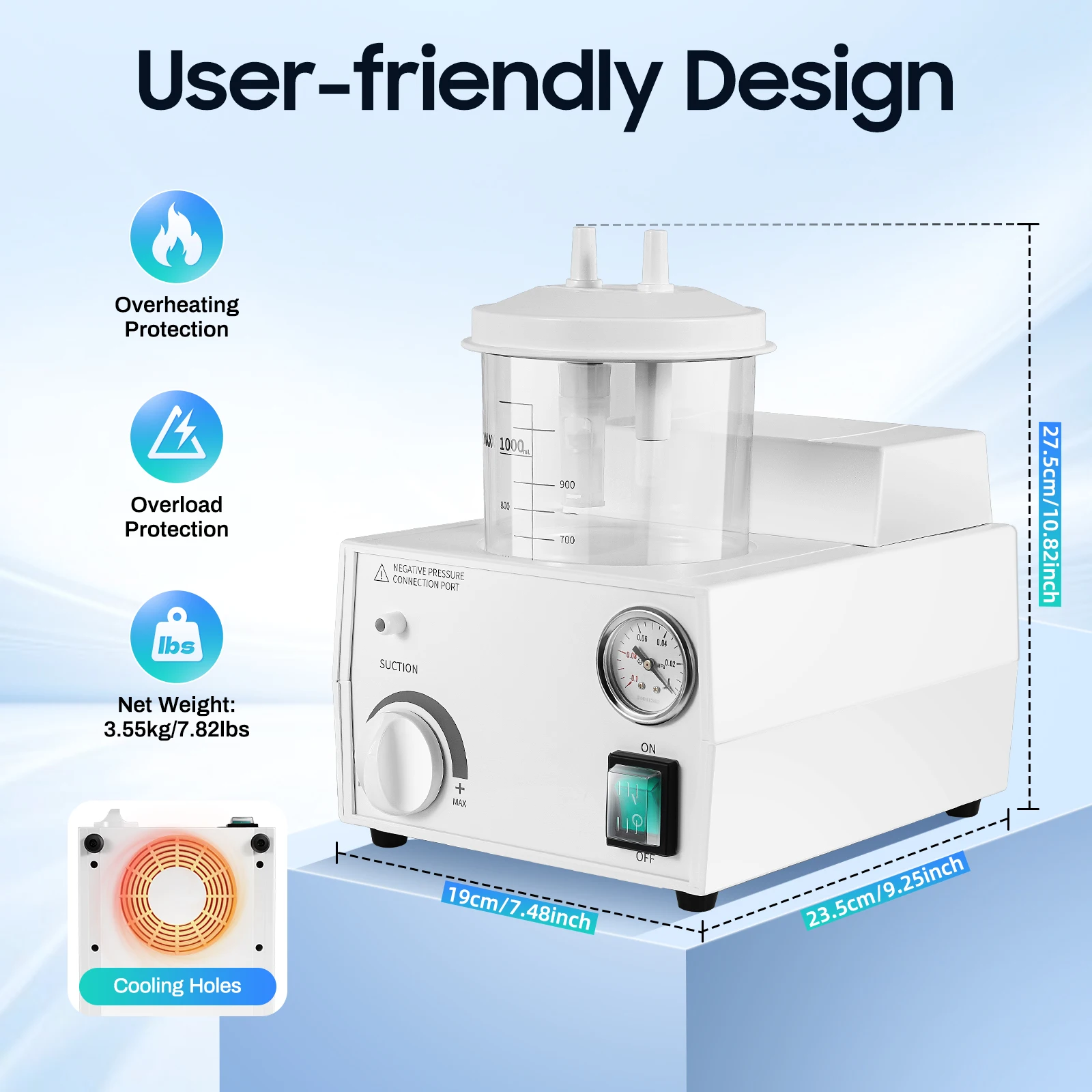 1000ML 250VA 110V Electric Suction Machine, Portable Suction Machine for Home Use Suction Rate 2.9 Gallons/Min US Plug