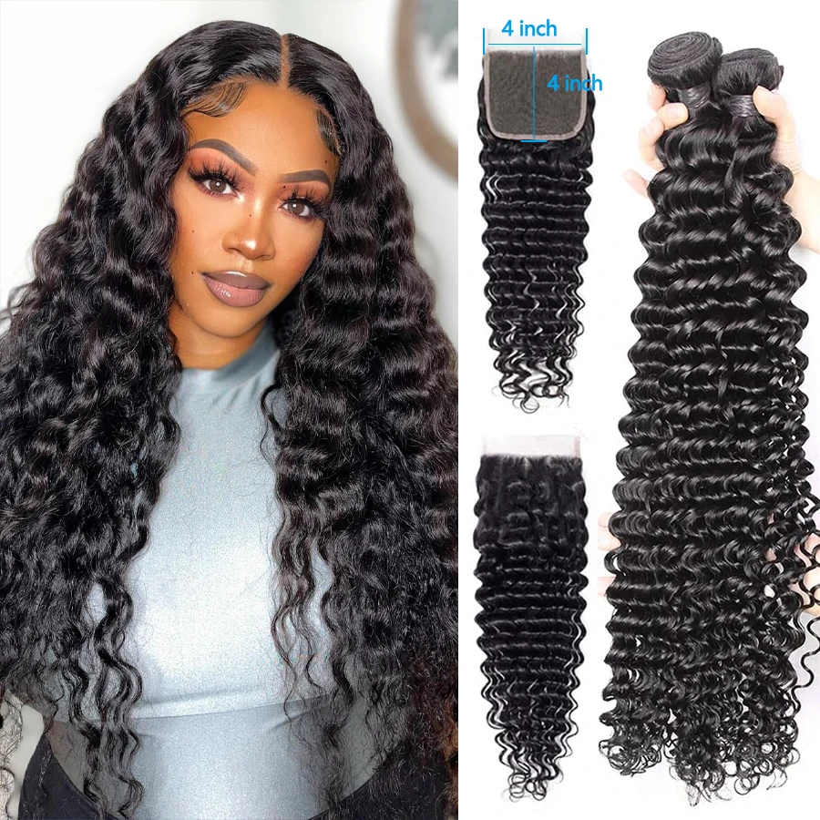 Deep Wave Bundles With Closure Brazilian Virgin Human Hair 3 Bundles With 4x4 Lace Closure for Black Women Natural Color 40 inch