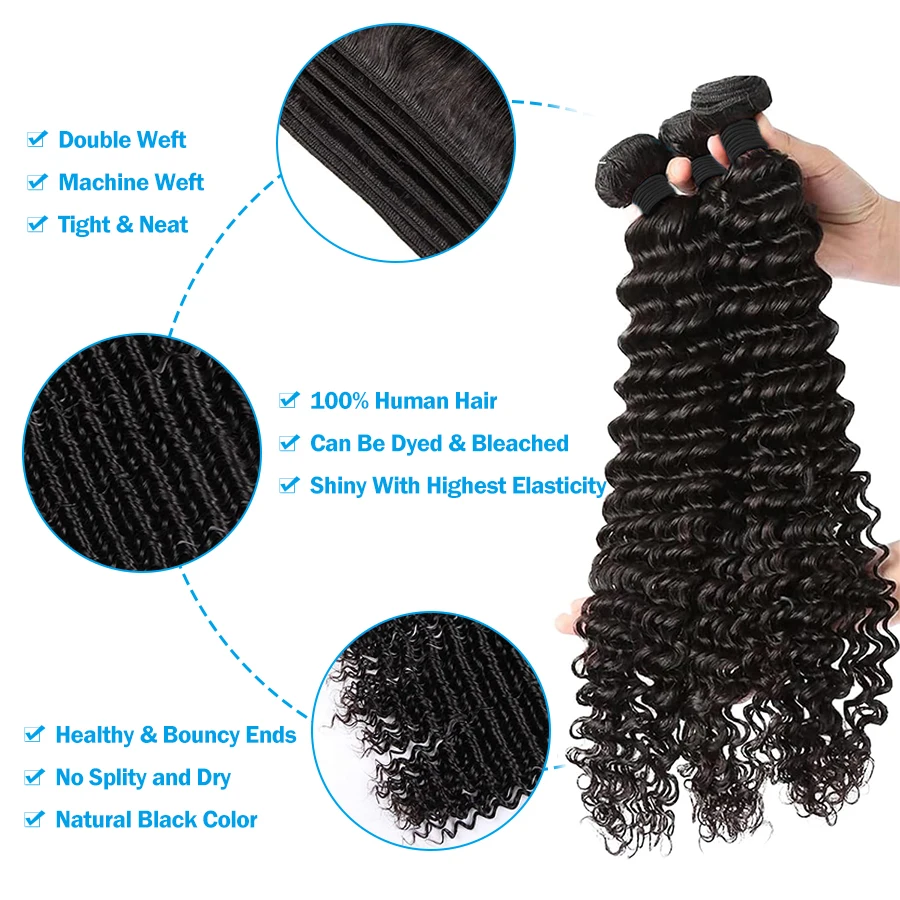 Deep Wave Bundles With Closure Brazilian Virgin Human Hair 3 Bundles With 4x4 Lace Closure for Black Women Natural Color 40 inch