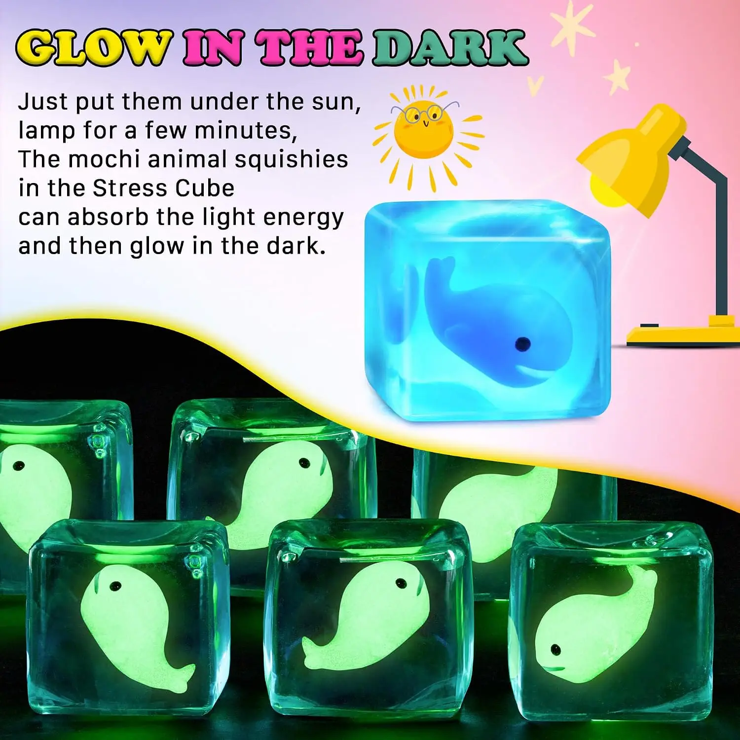 Glow in the Dark Whale Cube Squishy Slow Rising Sensory Fidget Stress Ball, Calming Tactile Toy for Autism ADHD Kids, Holiday Easter Stocking Filler Desktop Gift for Students & Adults