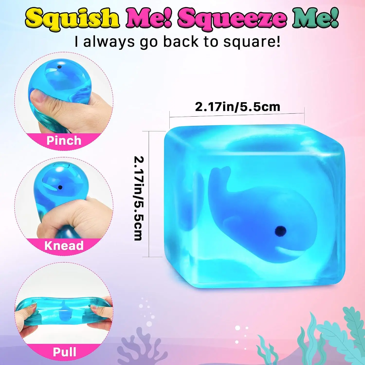 Glow in the Dark Whale Cube Squishy Slow Rising Sensory Fidget Stress Ball, Calming Tactile Toy for Autism ADHD Kids, Holiday Easter Stocking Filler Desktop Gift for Students & Adults