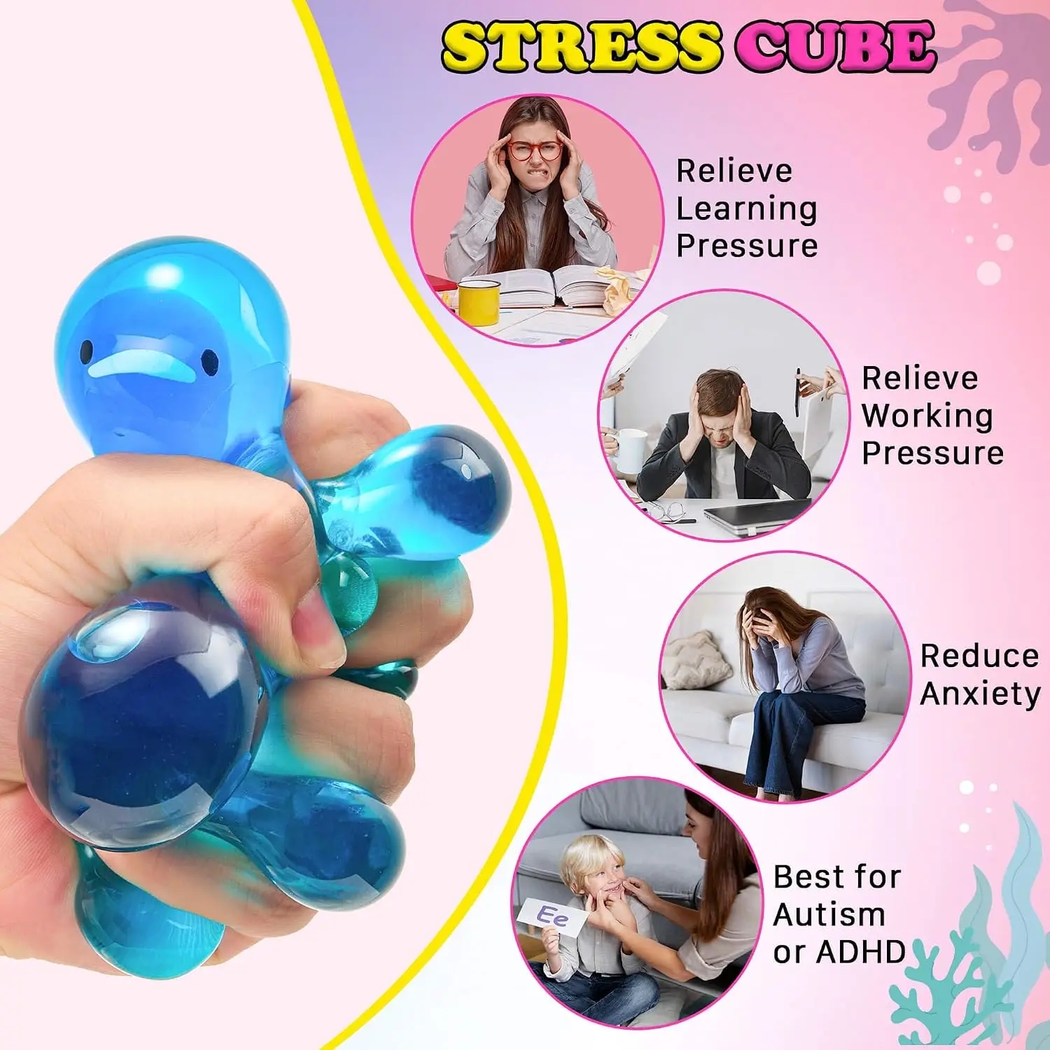 Glow in the Dark Whale Cube Squishy Slow Rising Sensory Fidget Stress Ball, Calming Tactile Toy for Autism ADHD Kids, Holiday Easter Stocking Filler Desktop Gift for Students & Adults