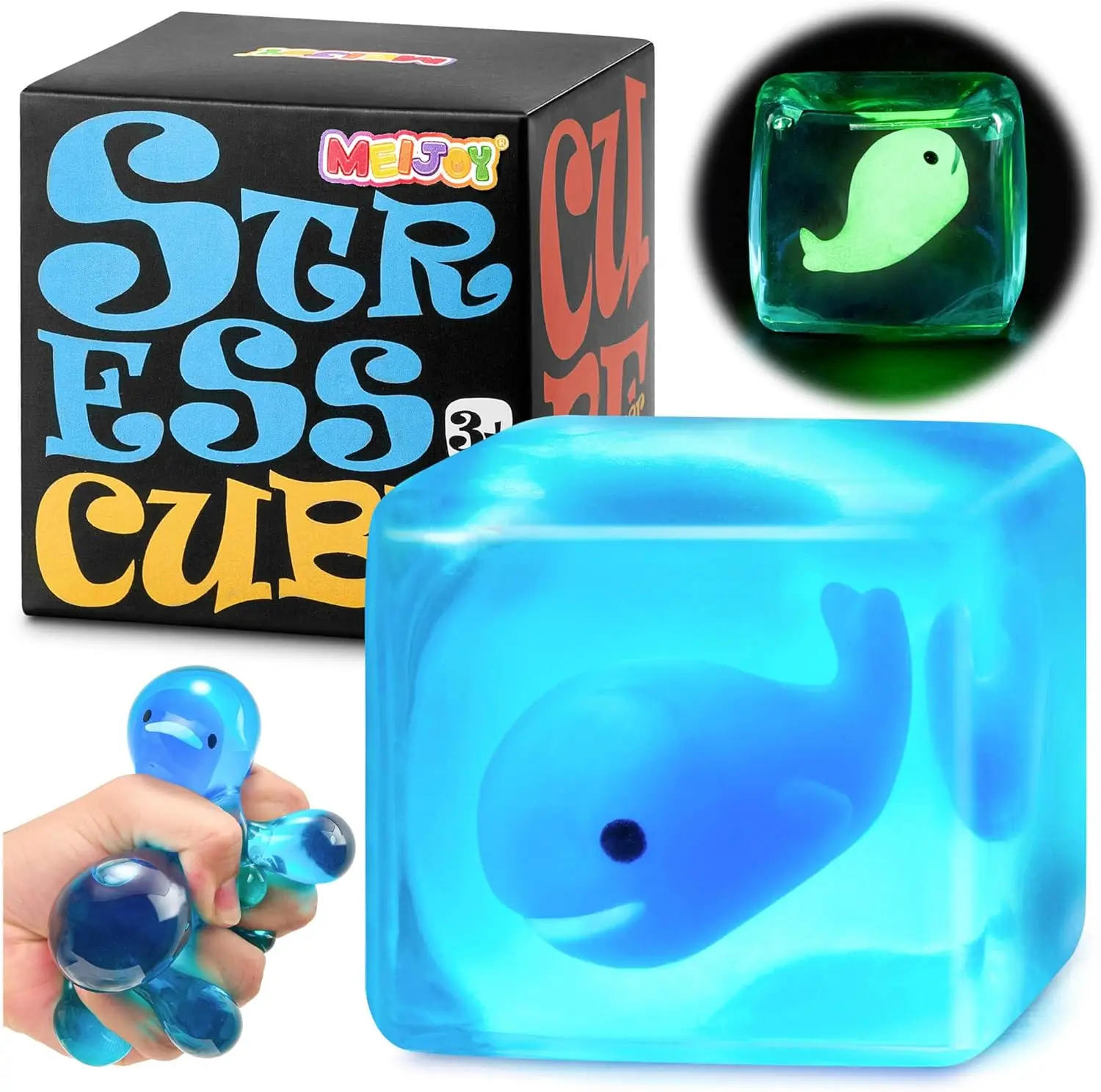Glow in the Dark Whale Cube Squishy Slow Rising Sensory Fidget Stress Ball, Calming Tactile Toy for Autism ADHD Kids, Holiday Easter Stocking Filler Desktop Gift for Students & Adults