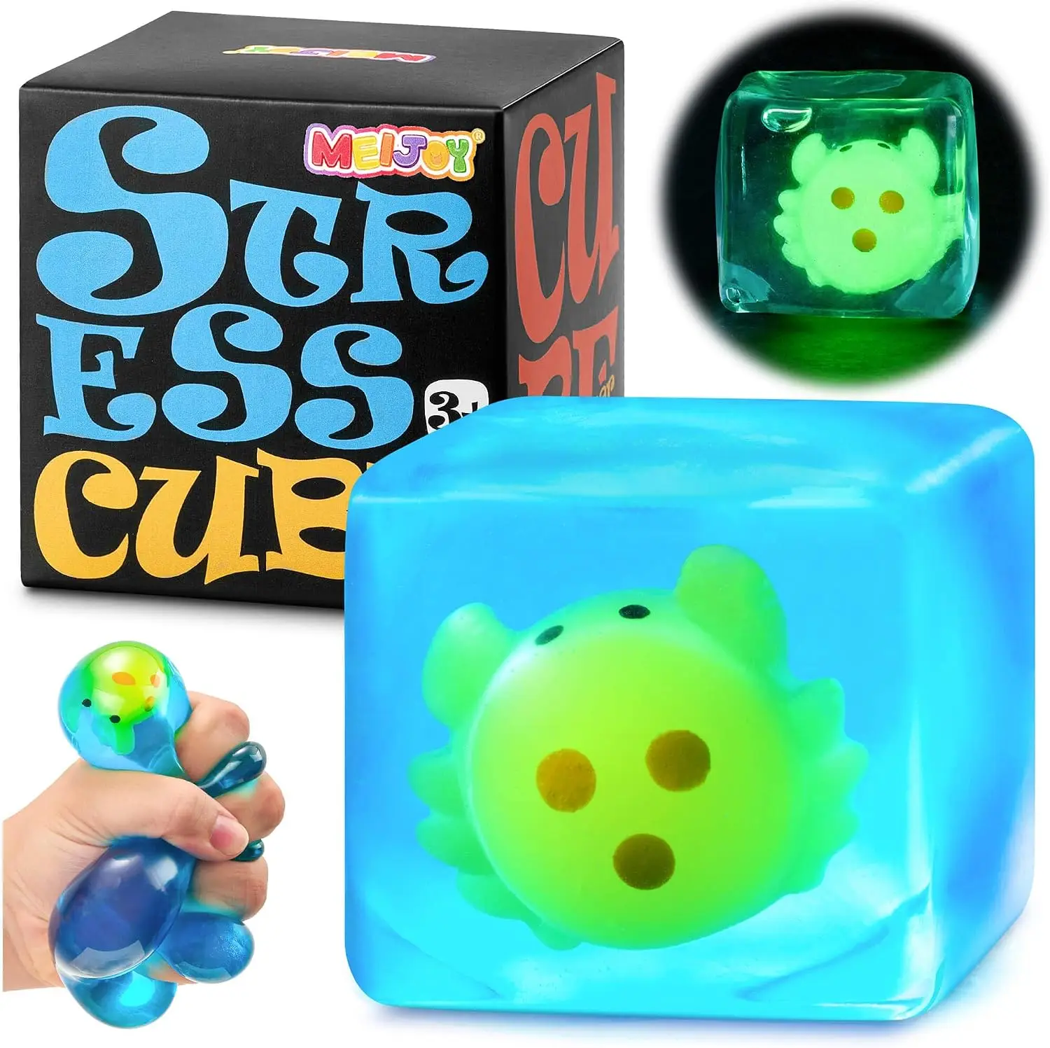 Glow in the Dark Whale Cube Squishy Slow Rising Sensory Fidget Stress Ball, Calming Tactile Toy for Autism ADHD Kids, Holiday Easter Stocking Filler Desktop Gift for Students & Adults