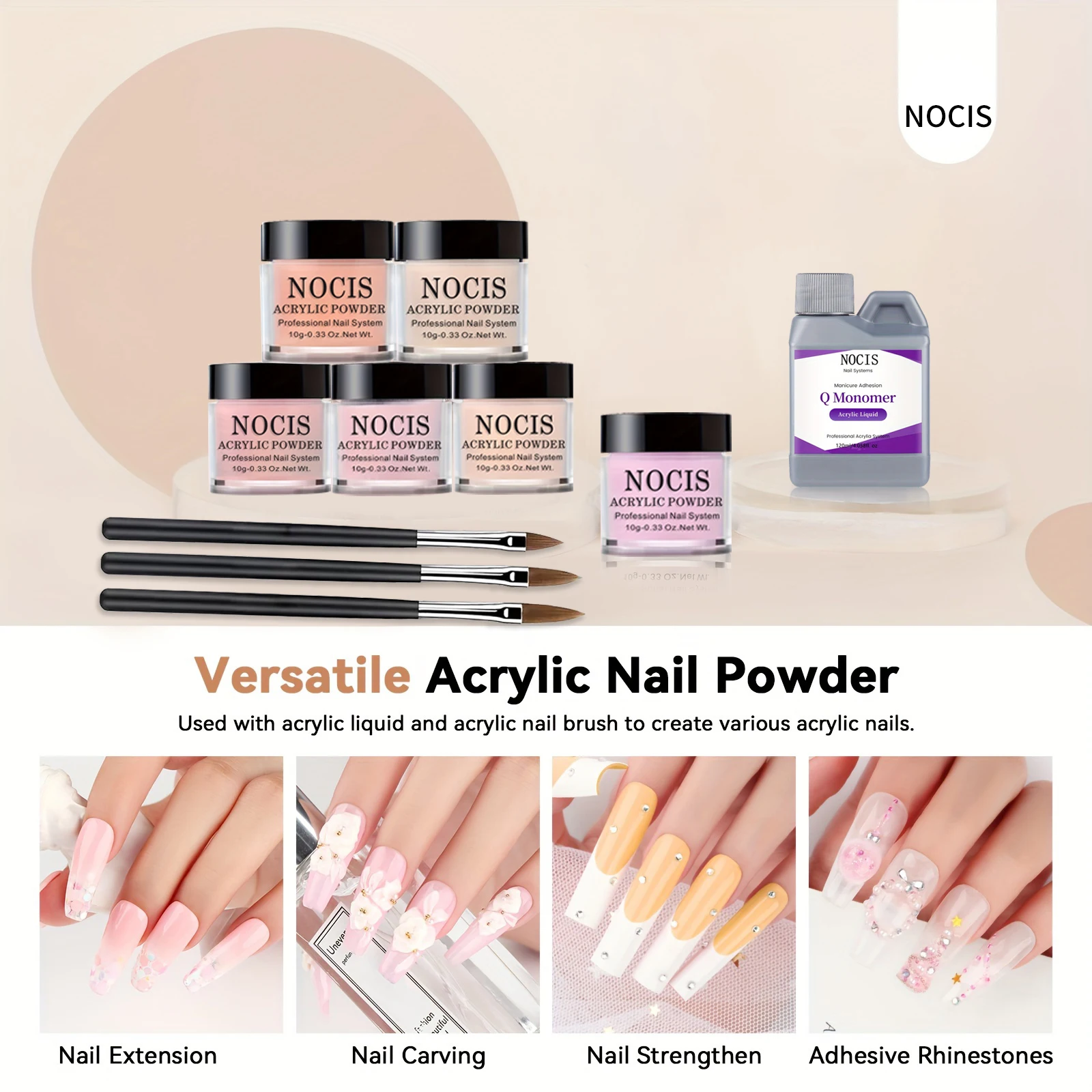 NOCIS Acrylic Powder Set: Professional Keratin Nude Pink Acrylic Powder Clear White Acrylic Nail Powder Acrylic Nail Kit for Beginner Manicurist Nail Extension Home Salon Nail Care & Liquid, Brush, Files, Forms, Press On Nails, Home Practice Set.