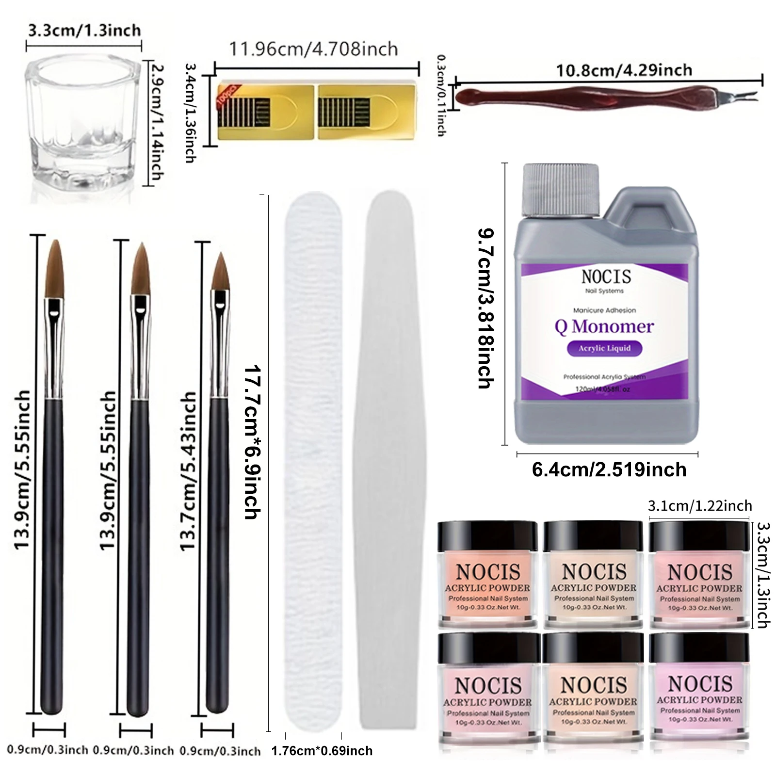 NOCIS Acrylic Powder Set: Professional Keratin Nude Pink Acrylic Powder Clear White Acrylic Nail Powder Acrylic Nail Kit for Beginner Manicurist Nail Extension Home Salon Nail Care & Liquid, Brush, Files, Forms, Press On Nails, Home Practice Set.