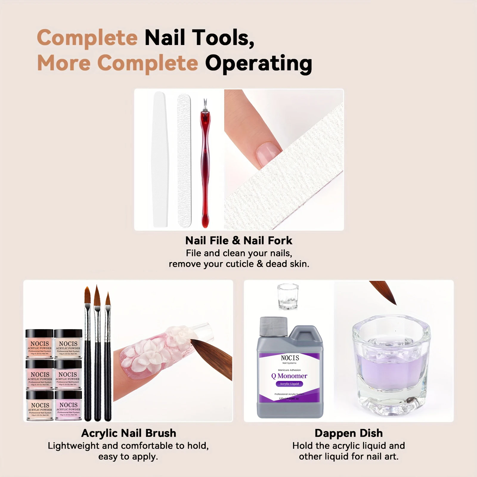 NOCIS Acrylic Powder Set: Professional Keratin Nude Pink Acrylic Powder Clear White Acrylic Nail Powder Acrylic Nail Kit for Beginner Manicurist Nail Extension Home Salon Nail Care & Liquid, Brush, Files, Forms, Press On Nails, Home Practice Set.