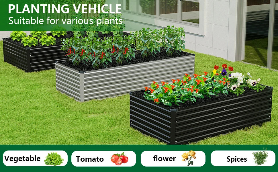 Galvanized Steel Raised Garden Bed Kit for Outdoor Patio, 12x2x2ft Large Rectangular Metal Planter Box, Deep Root Planter for Vegetables, Flowers, Herbs - Black