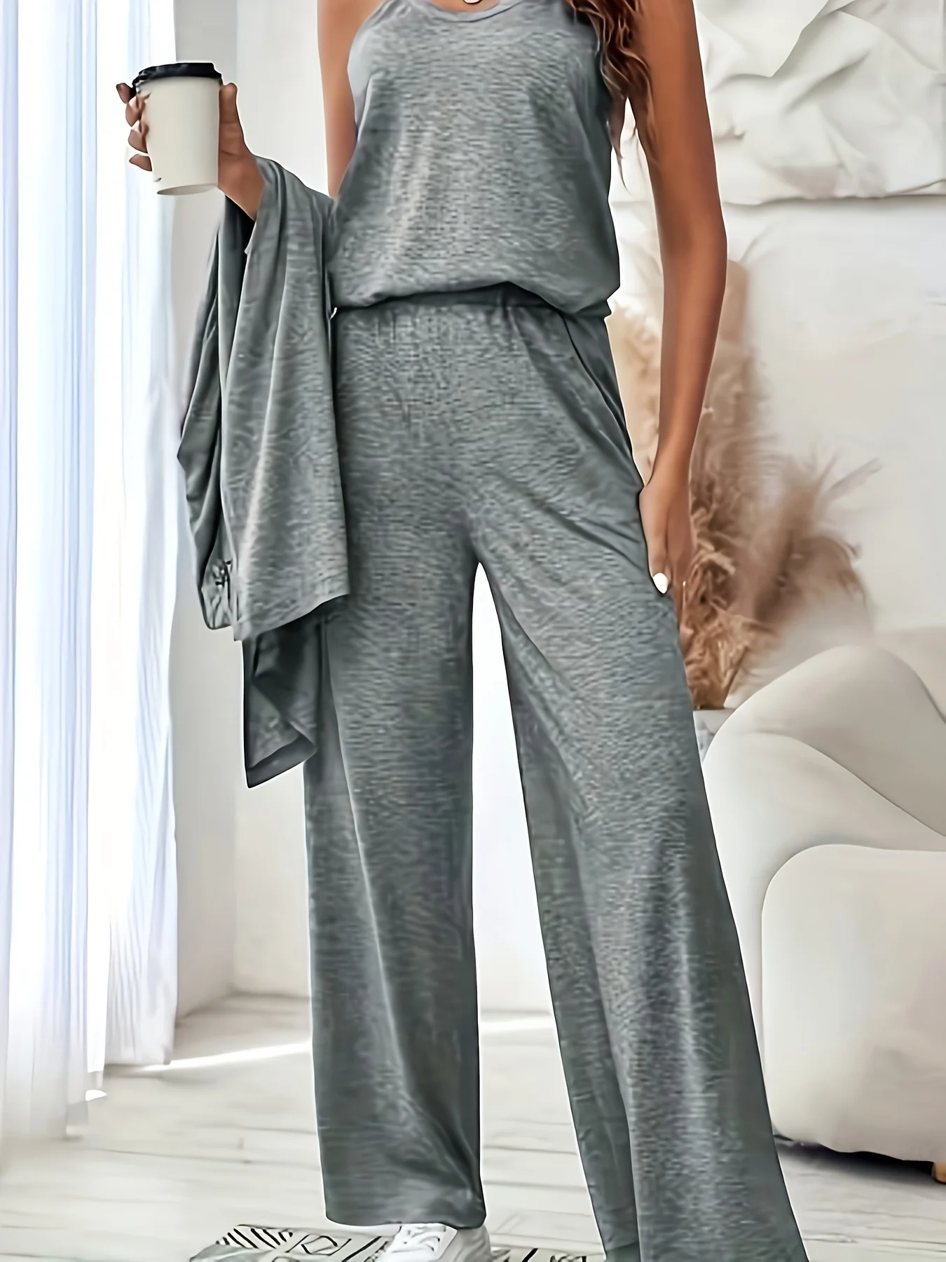 Plus Size Women 3 Piece Outfit Set, Long Sleeve Open Front Cardigan + Tank Top + Wide Leg Pants Loungewear