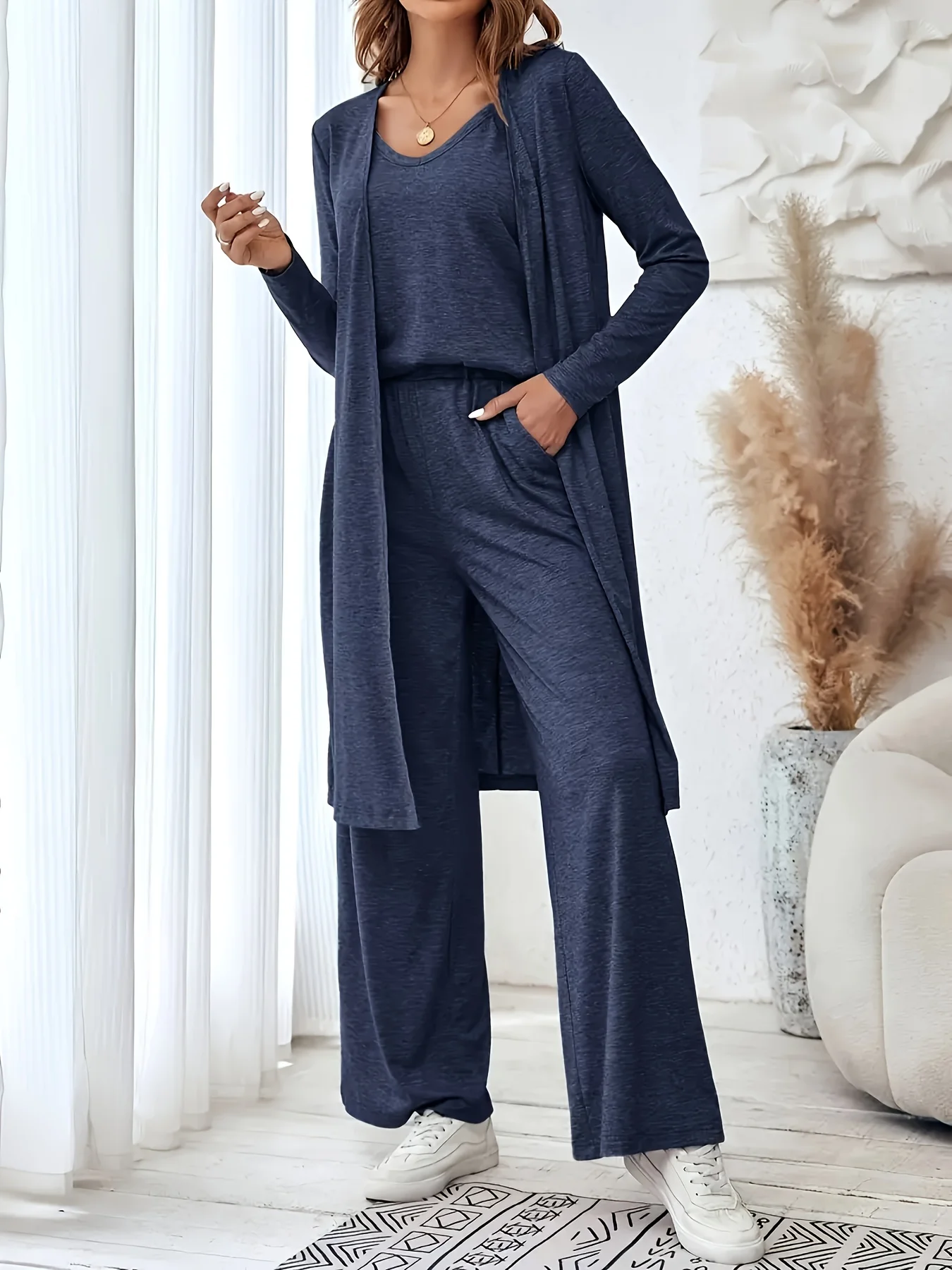 Plus Size Women 3 Piece Outfit Set, Long Sleeve Open Front Cardigan + Tank Top + Wide Leg Pants Loungewear