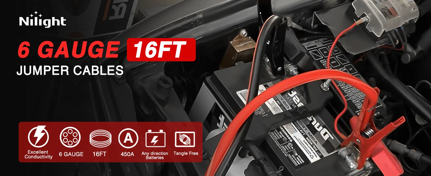 Nilight Jumper Cables for Car Battery 6 Gauge 16 FT Booster Cable Heavy Duty 450 A CCA with Carrying Bag Jump Start Emergency Kit Pickup Vans SUV Sedan Motorcycle