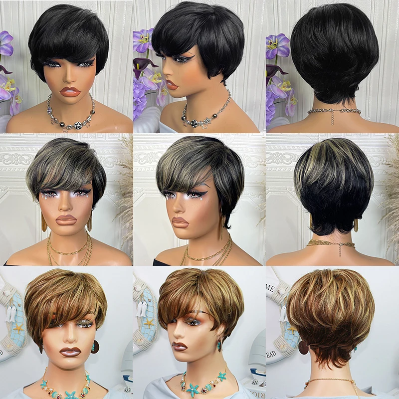 Pixie Cut Wigs For Women Human Hair Short Bob Wig With Bangs Layered Pixie Cut Wig 1B/27 Brazilian Human Hair Full Machine Made