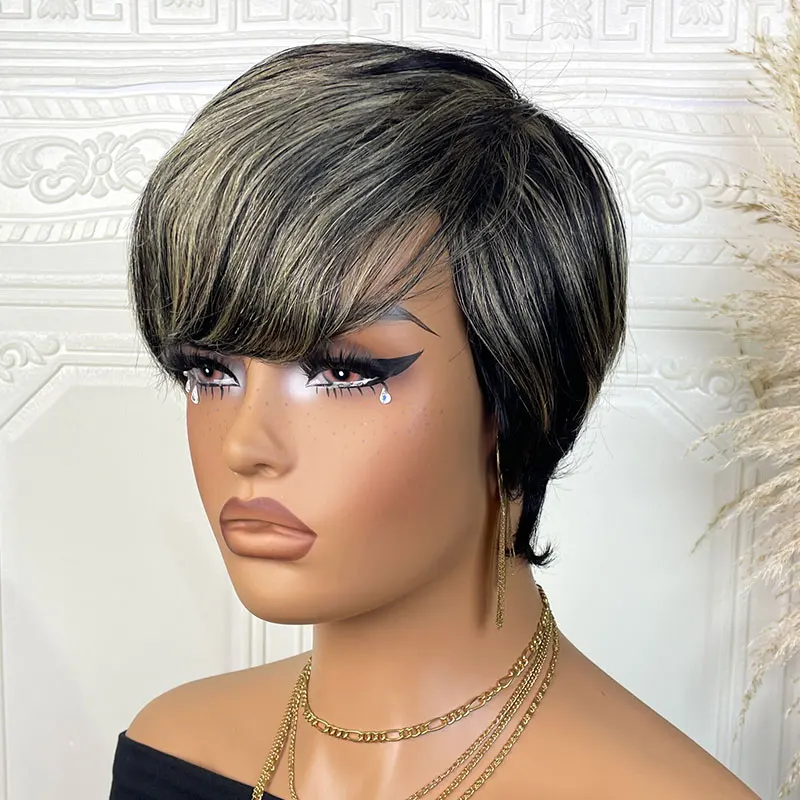 Pixie Cut Wigs For Women Human Hair Short Bob Wig With Bangs Layered Pixie Cut Wig 1B/27 Brazilian Human Hair Full Machine Made