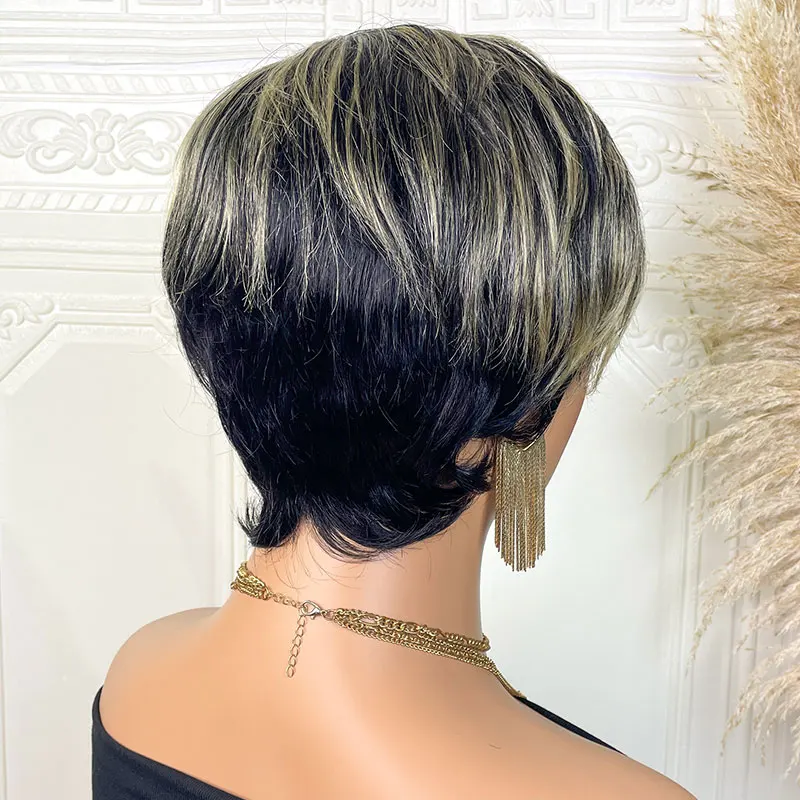 Pixie Cut Wigs For Women Human Hair Short Bob Wig With Bangs Layered Pixie Cut Wig 1B/27 Brazilian Human Hair Full Machine Made