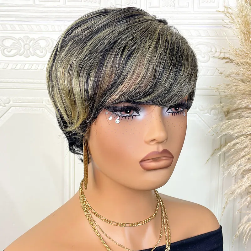 Pixie Cut Wigs For Women Human Hair Short Bob Wig With Bangs Layered Pixie Cut Wig 1B/27 Brazilian Human Hair Full Machine Made
