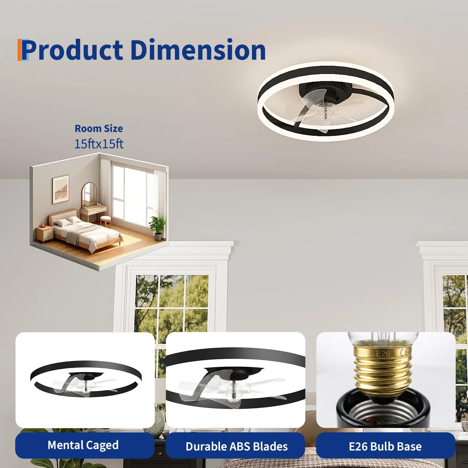 20'' Caged Ceiling Fan With Light & Remote, Dimmable Farmhouse Fandelier, Quiet DC Flush Mount For Kitchen Bedroom