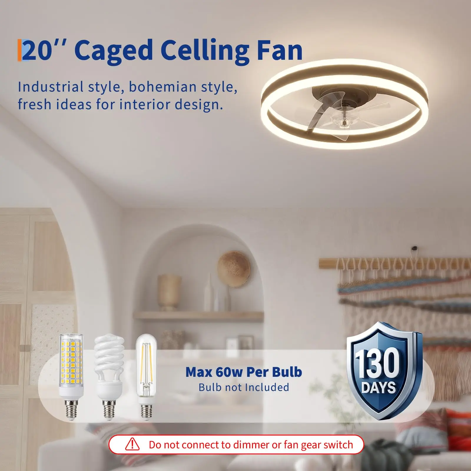 20'' Caged Ceiling Fan With Light & Remote, Dimmable Farmhouse Fandelier, Quiet DC Flush Mount For Kitchen Bedroom