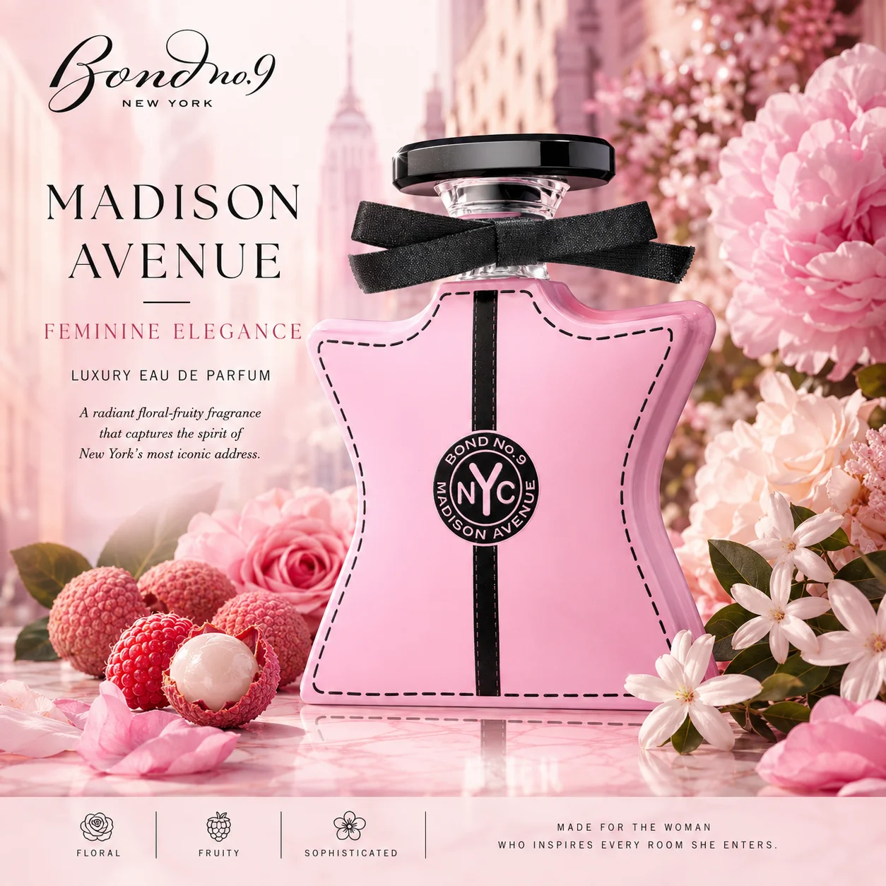 Bond No.9 Madison Avenue Eau De Parfum 100ml for Women Long Lasting Luxury Niche Perfume Spray Floral Fruity Lychee Rose Raspberry Vanilla Musk Fragrance Daily Wear Travel Gift